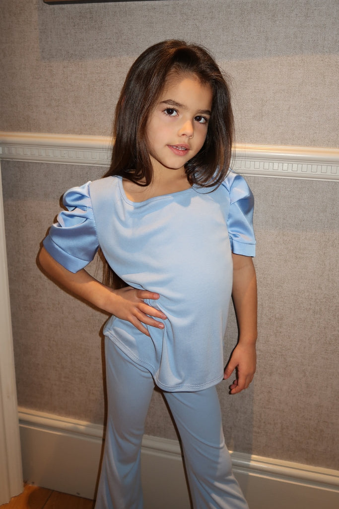 Lauren Goodger & Larose Childrens Baby Blue Silky Puff Sleeve Top - H&L