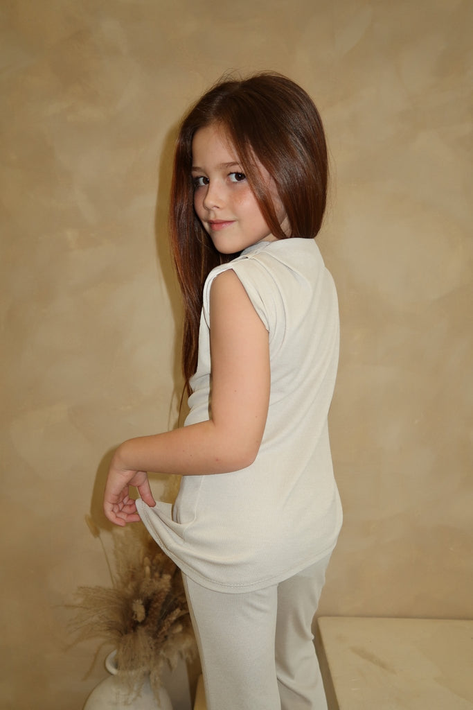 Lauren Goodger & Larose Childrens Beige Asymmetrical High Neck Ruched Side Top - H&L