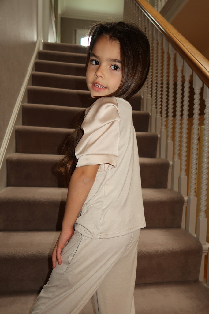 Lauren Goodger & Larose Childrens Beige Silky Puff Sleeve Top - H&L