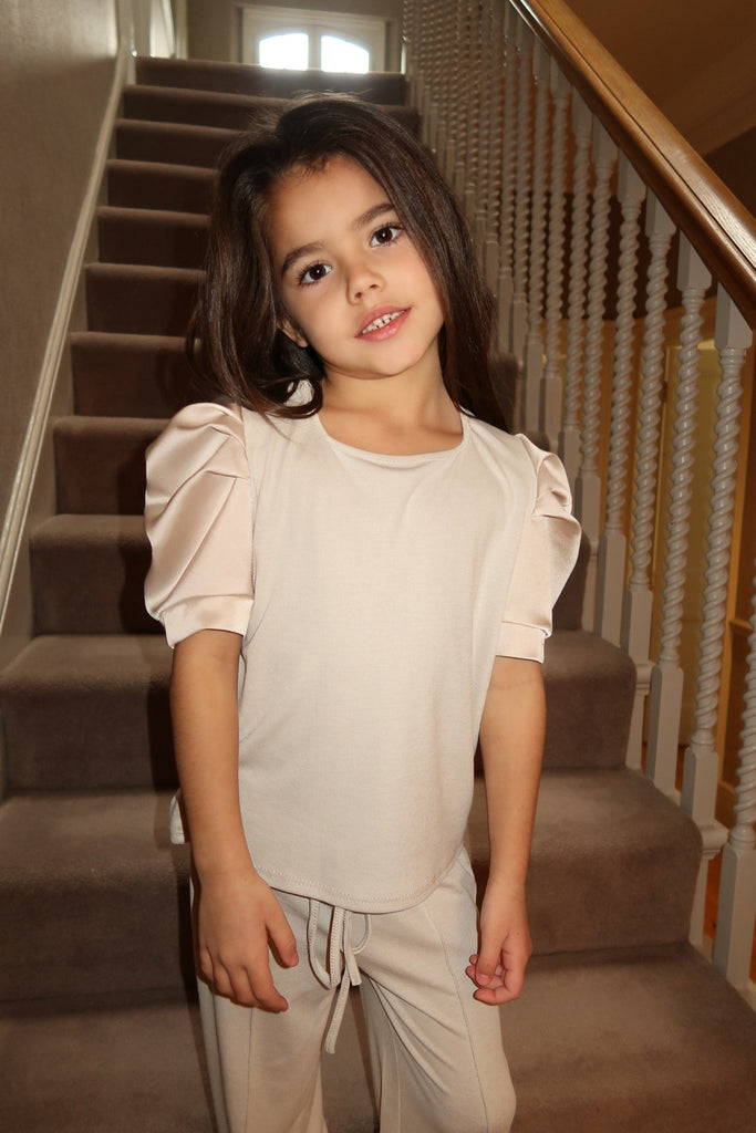 Lauren Goodger & Larose Childrens Beige Silky Puff Sleeve Top - H&L