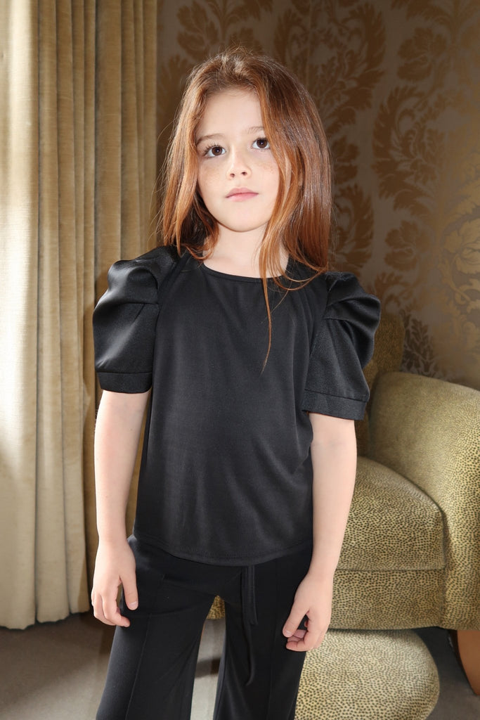 Lauren Goodger & Larose Childrens Black Silky Puff Sleeve Top - H&L