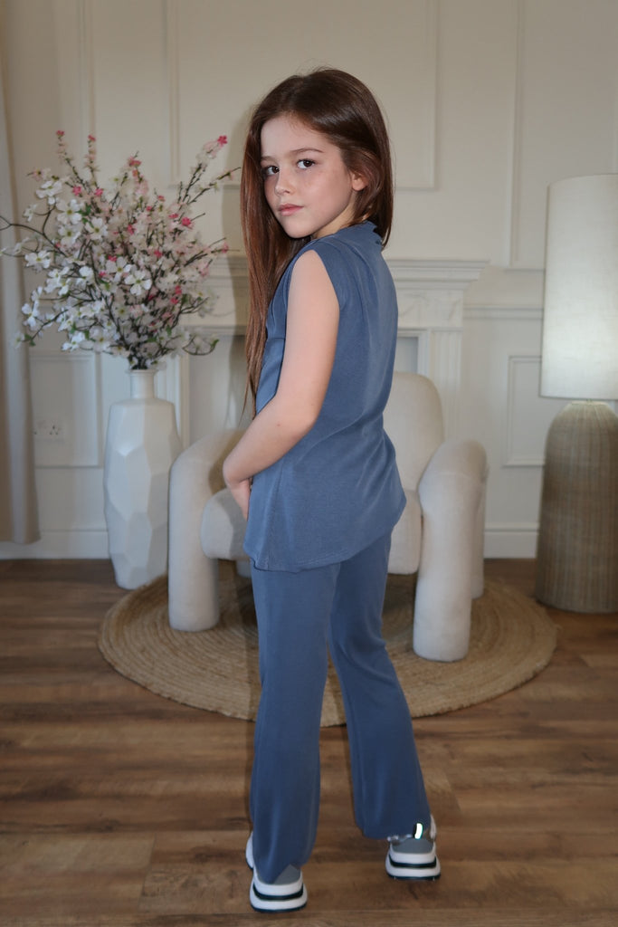 Lauren Goodger & Larose Childrens Denim Blue Asymmetrical High Neck Ruched Side Top - H&L