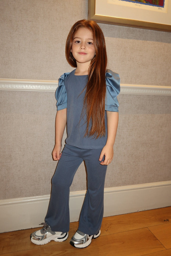 Lauren Goodger & Larose Childrens Denim Blue Silky Puff Sleeve Top - H&L