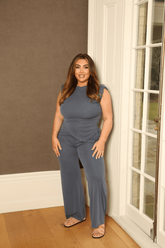 Lauren Goodger & Larose Denim Blue Asymmetrical High Neck Ruched Side Top - H&L