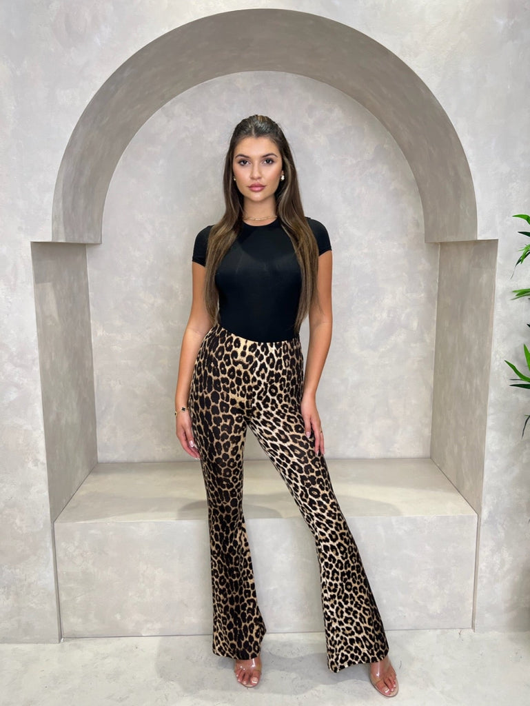 Leopard Print Slinky Flared Trousers - H&L
