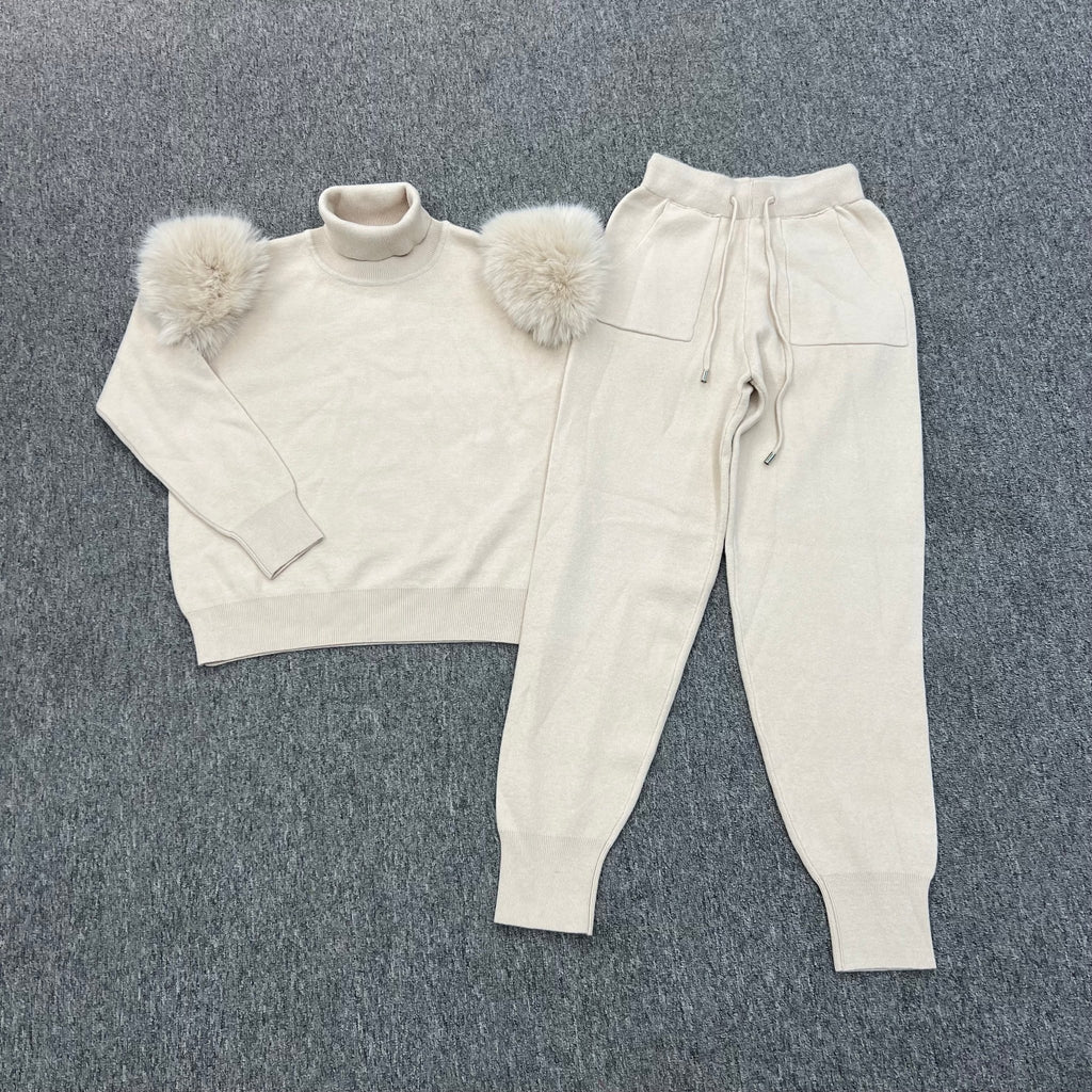 Light Beige Faux Fur Shoulder Roll Neck Jogger Tracksuit - H&L