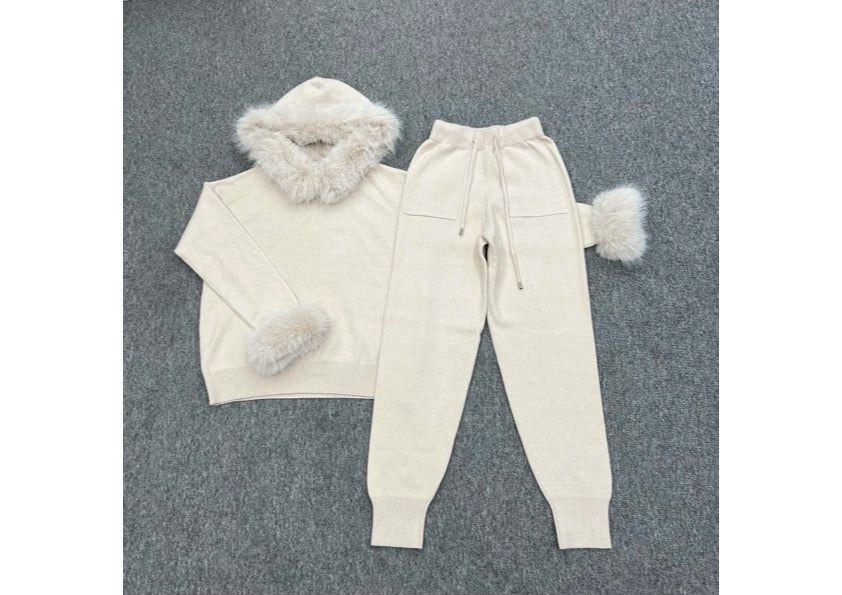 Light Beige Faux Fur Trim Hood & Cuff Tracksuit - H&L