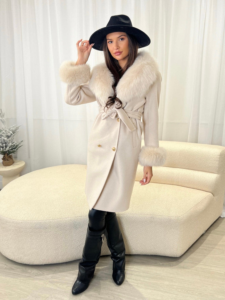 Light Beige Luxury Fur Cashmere Coat - H&L