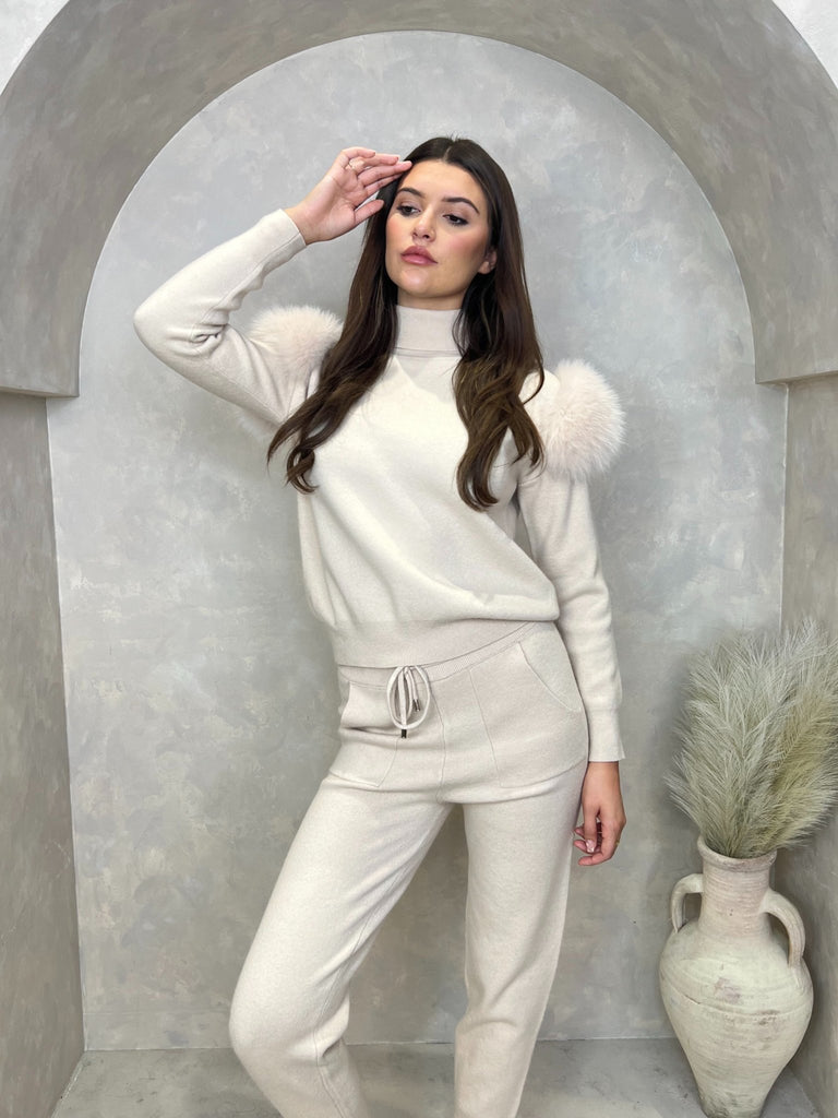 Light Beige Luxury Fur Roll Neck Jogger Tracksuit - H&L