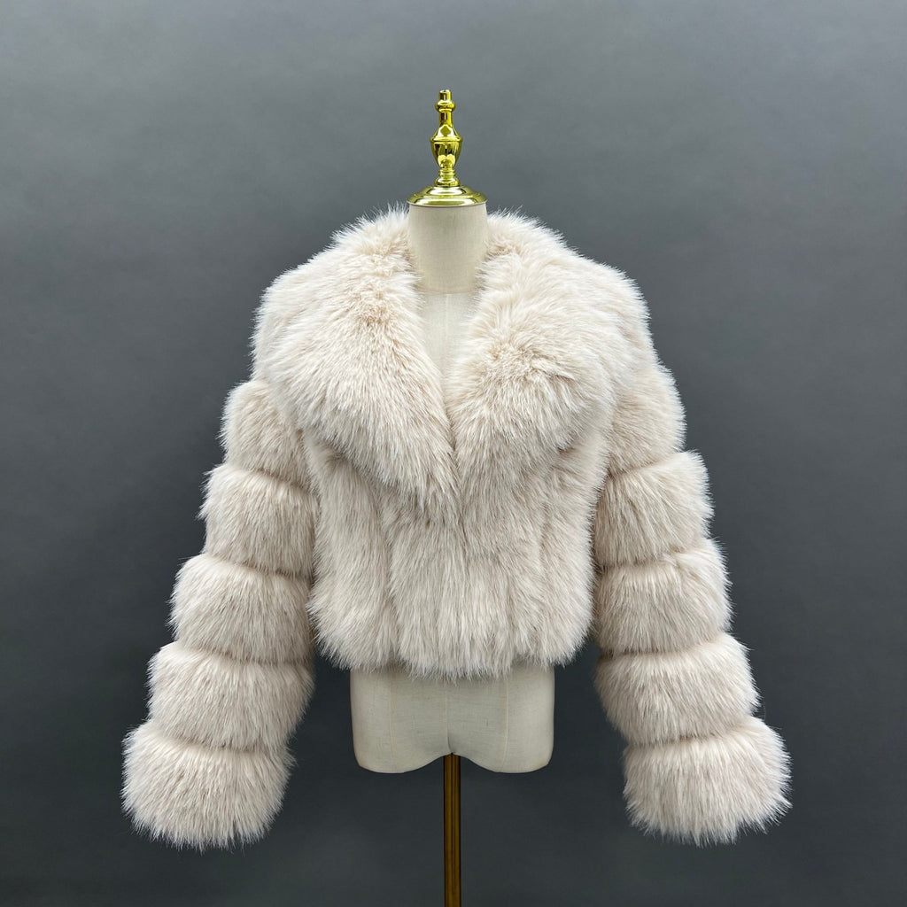 Light Beige Premium Faux Fur Collared Jacket - H&L