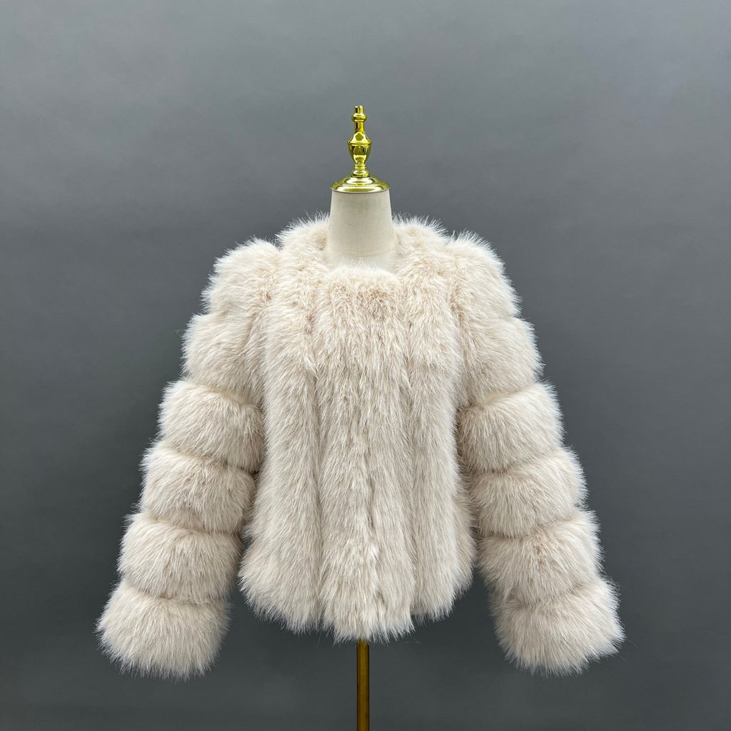 Light Beige Vertical Design Faux Fur Coat - H&L