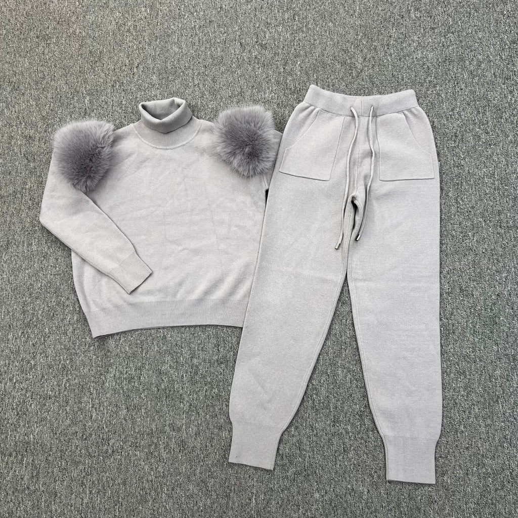 Light Grey Faux Fur Shoulder Roll Neck Jogger Tracksuit - H&L