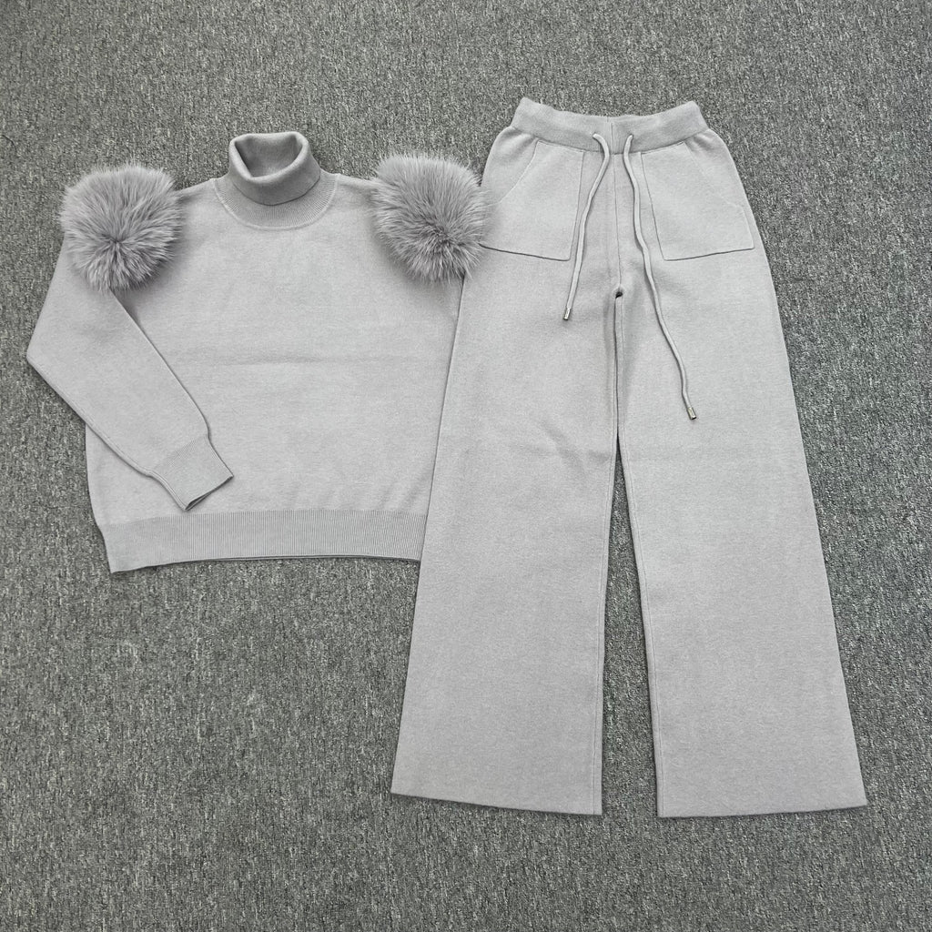 Light Grey Faux Fur Shoulder Wide Leg Tracksuit - H&L