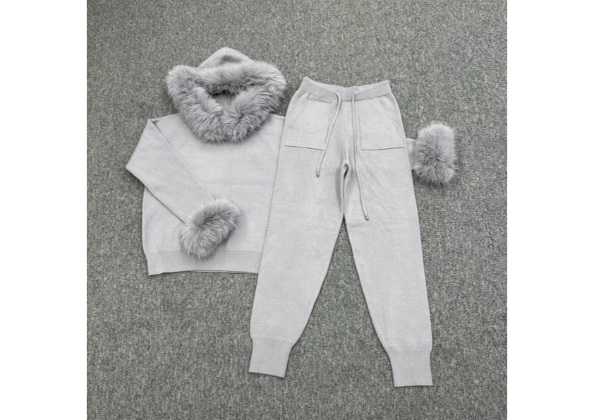 Light Grey Faux Fur Trim Hood & Cuff Tracksuit - H&L