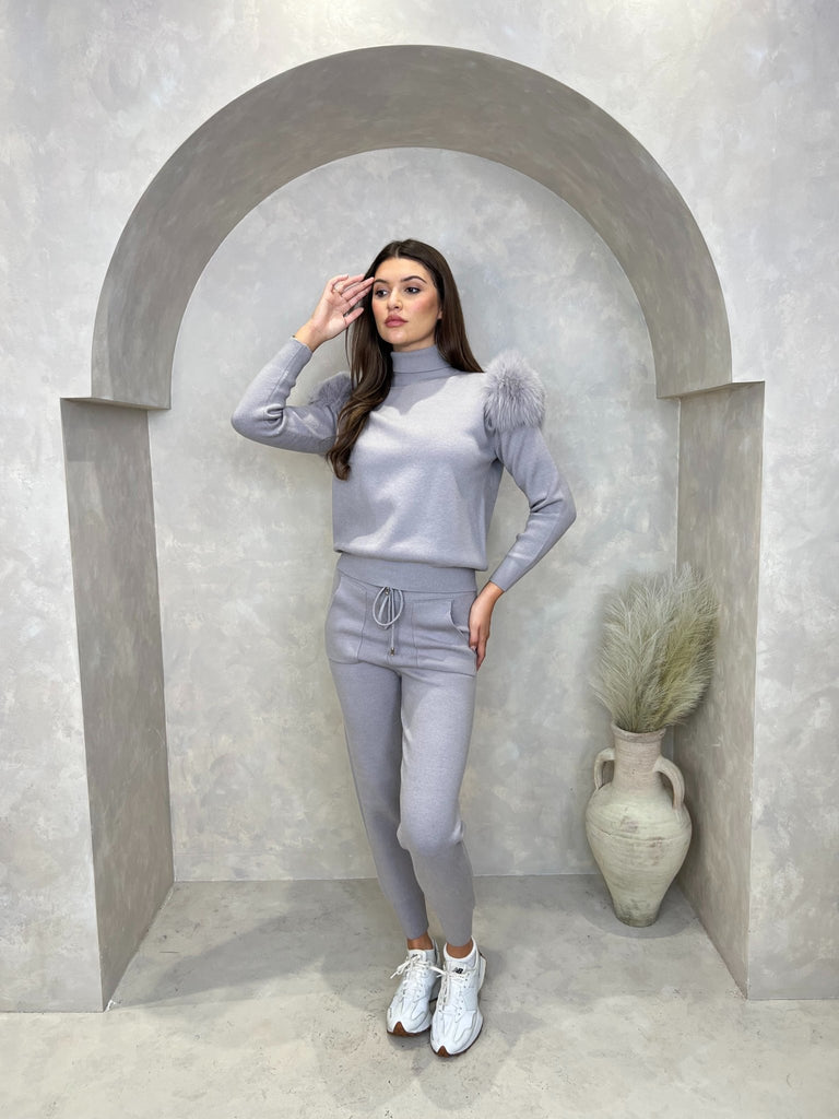 Light Grey Luxury Fur Roll Neck Jogger Tracksuit - H&L