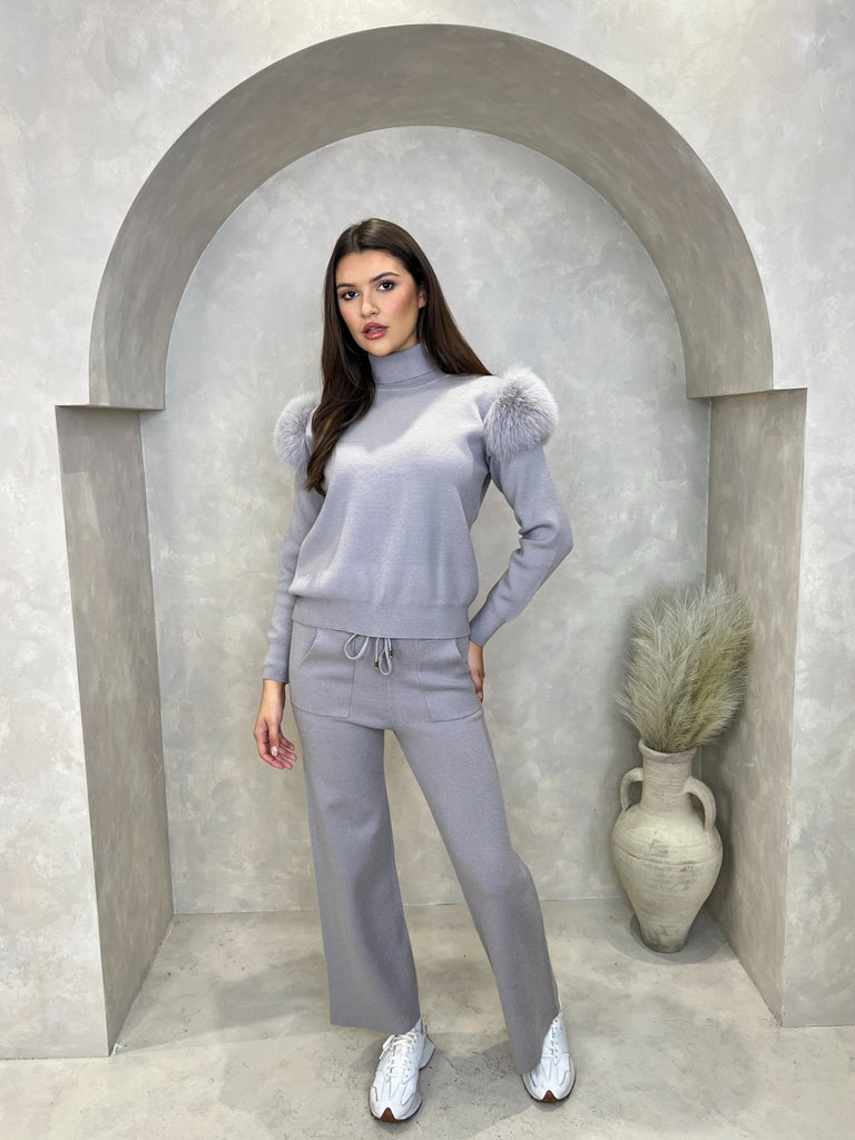 Light Grey Luxury Fur Roll Neck Wide Leg Tracksuit - H&L