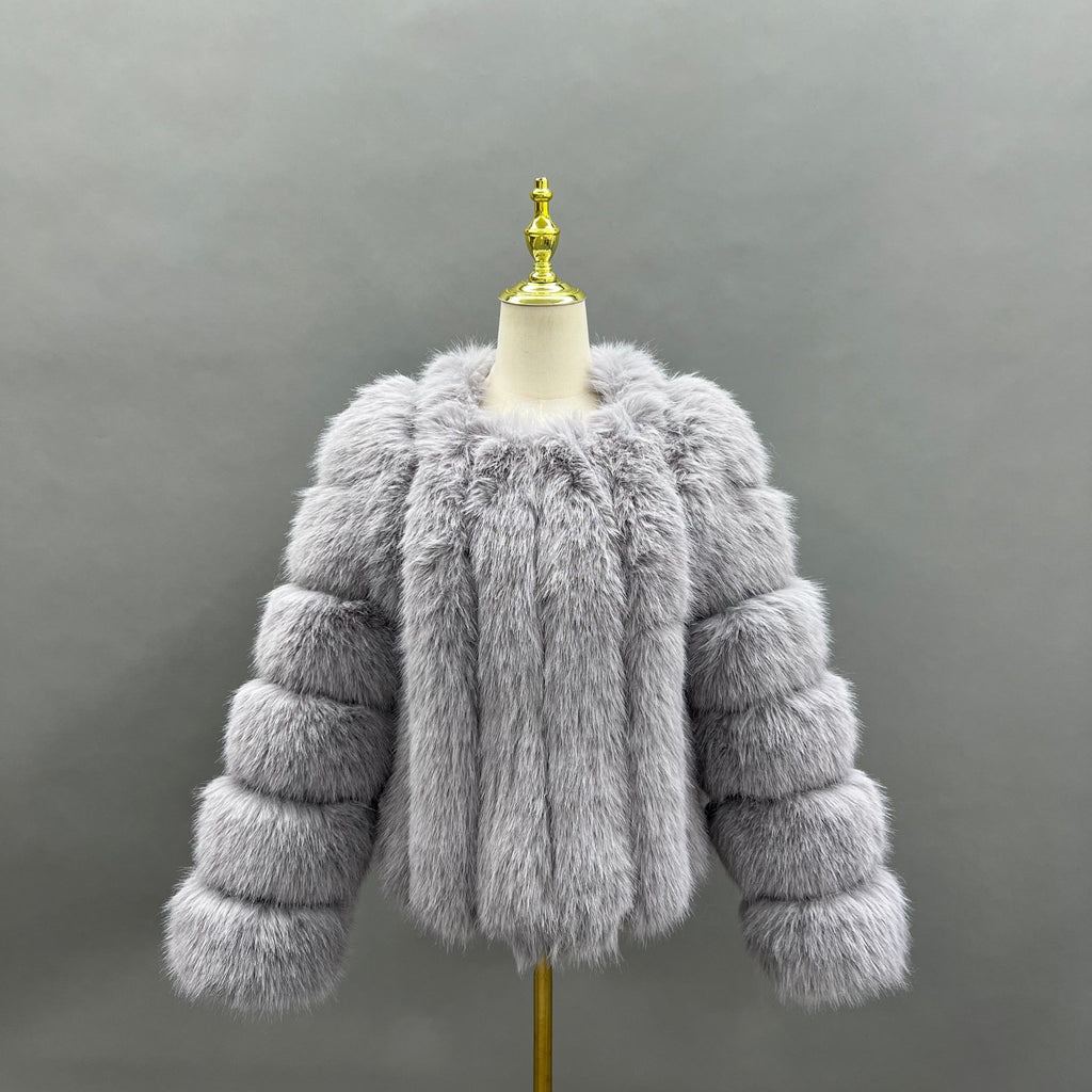 Light Grey Vertical Design Faux Fur Coat - H&L