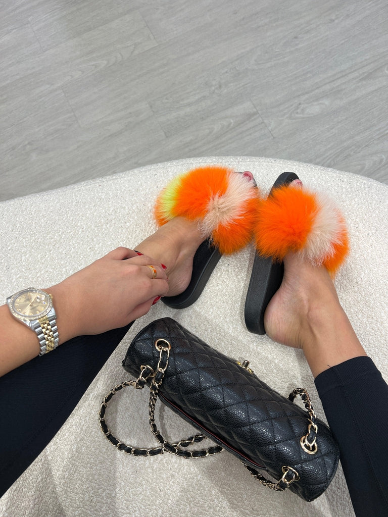 Multi Tone Yellow/Orange/White Luxury Fur Sliders - H&L