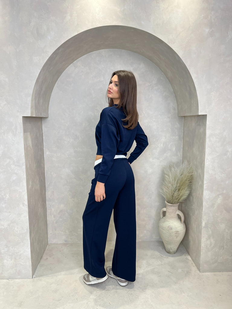 Navy Drawstring Wide Leg Trousers - H&L