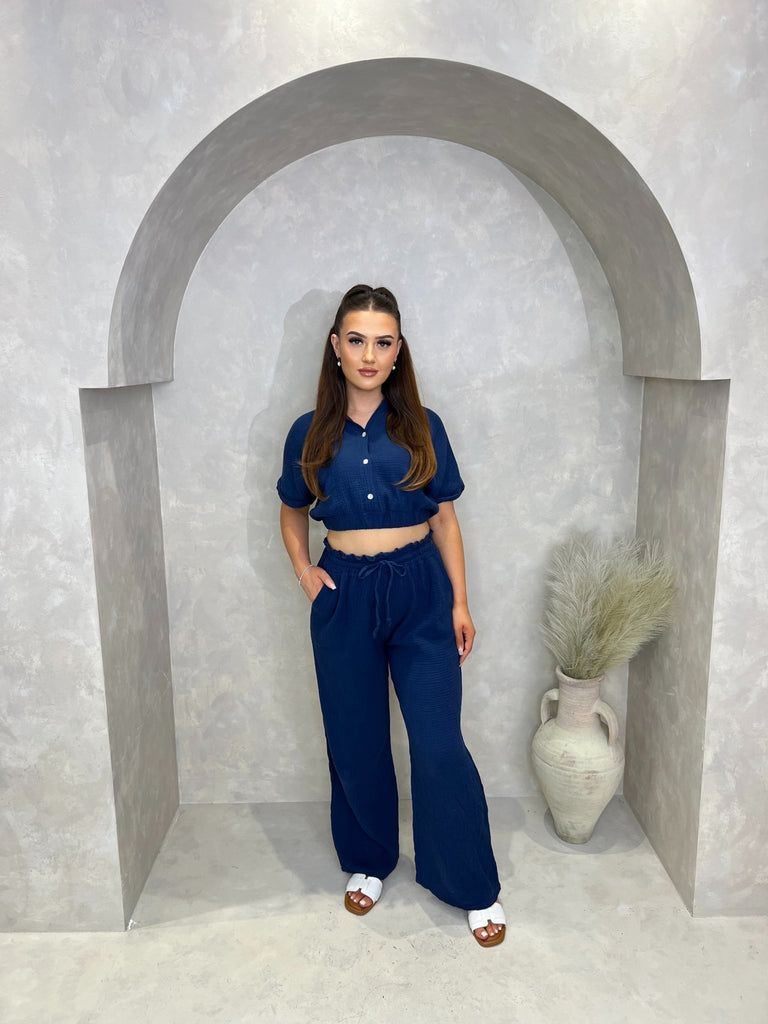 Navy Santorini Drawstring Wide Leg Trouser - H&L