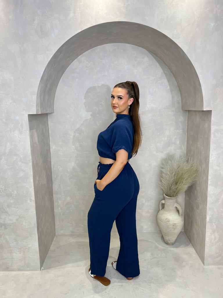 Navy Santorini Drawstring Wide Leg Trouser - H&L