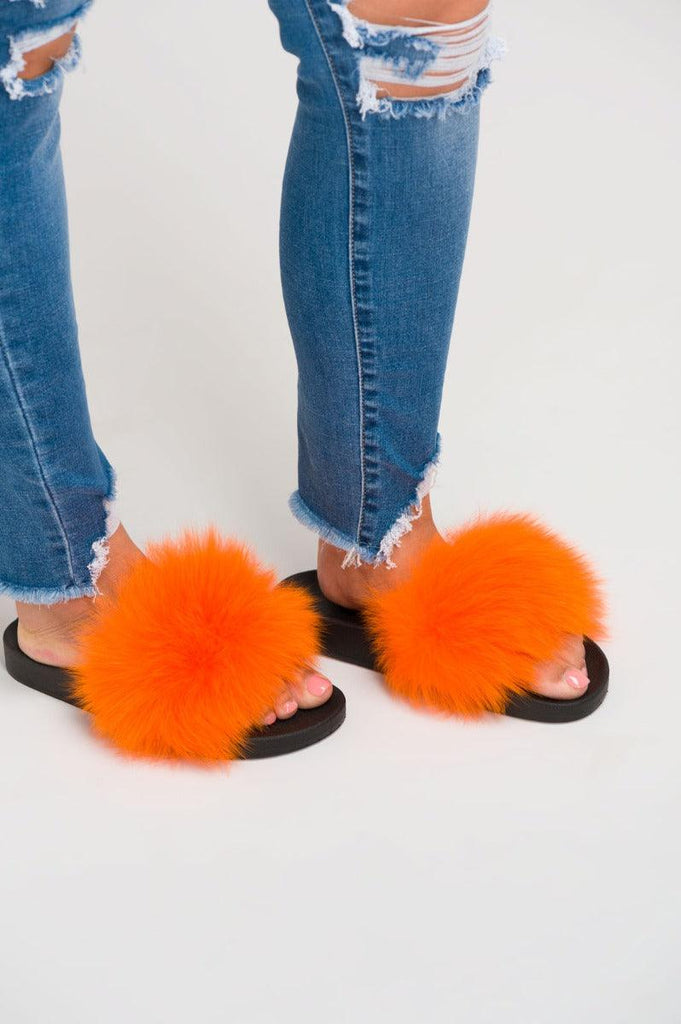 Orange Luxury Fur Sliders - H&L