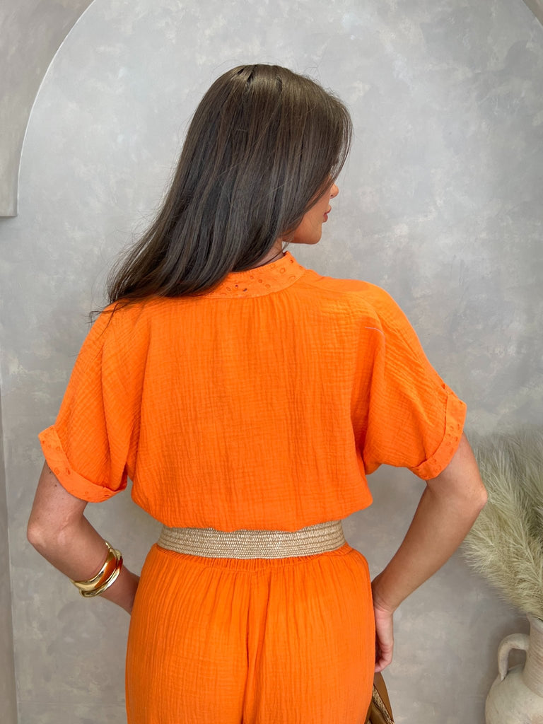 Orange Santorini Broderie Anglaise Trimmed Cropped Shirt - H&L