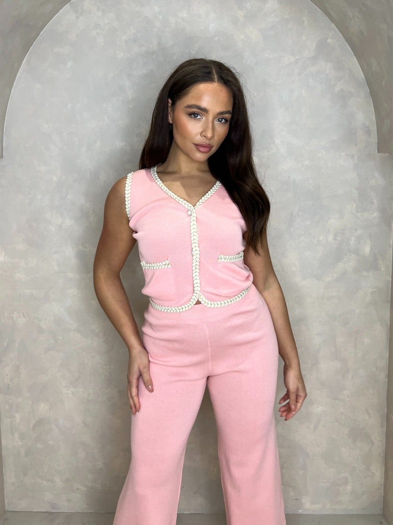 Pink Contrast Waistcoat And Wide Leg Trouser Set - H&L