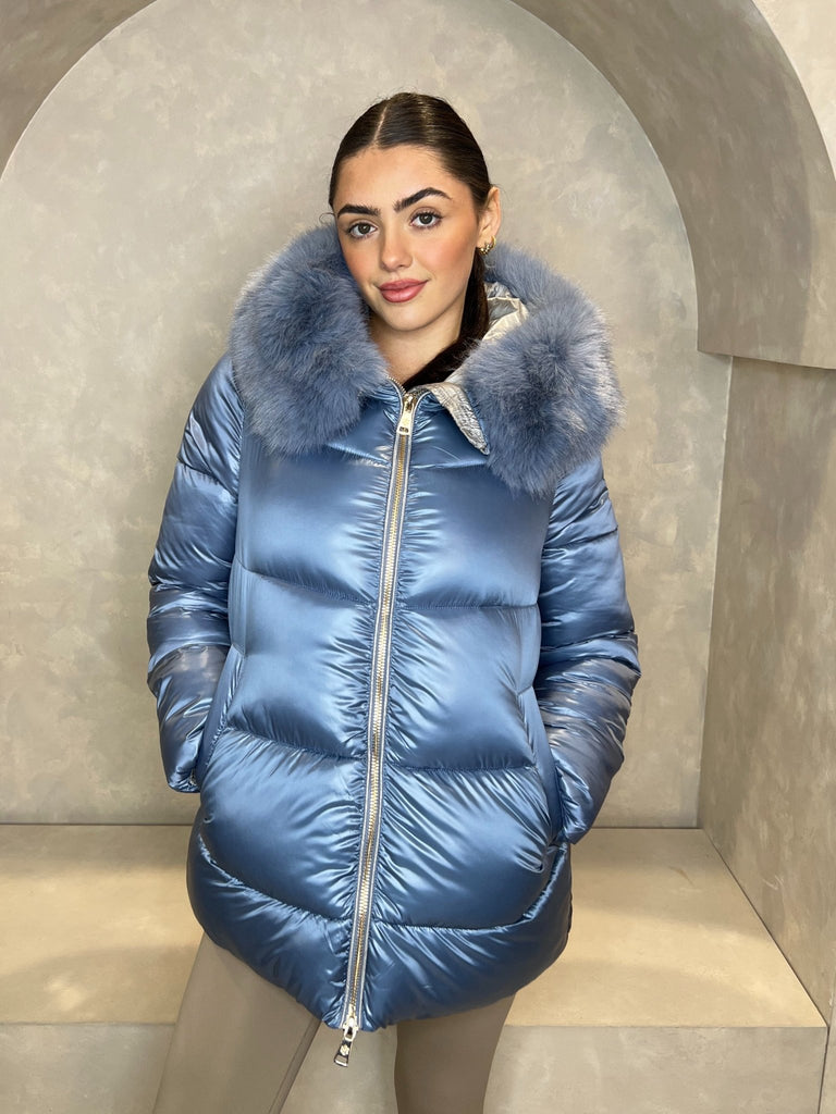 Powder Blue Faux Fur Hood Puffer Jacket - H&L