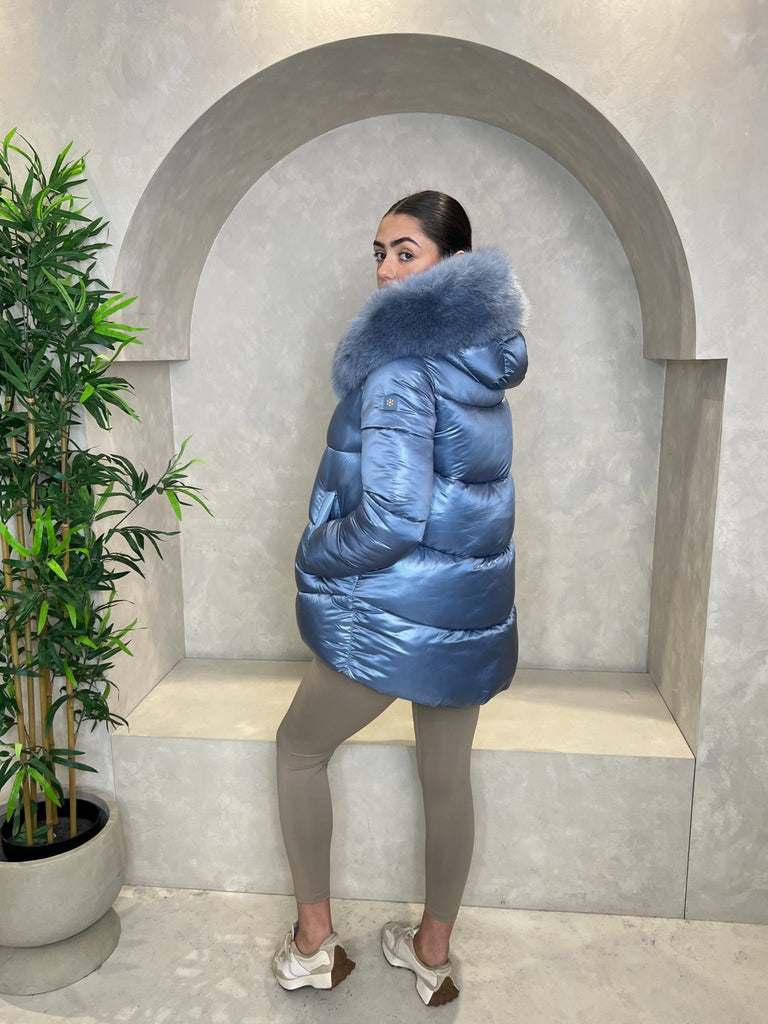 Powder Blue Faux Fur Hood Puffer Jacket - H&L