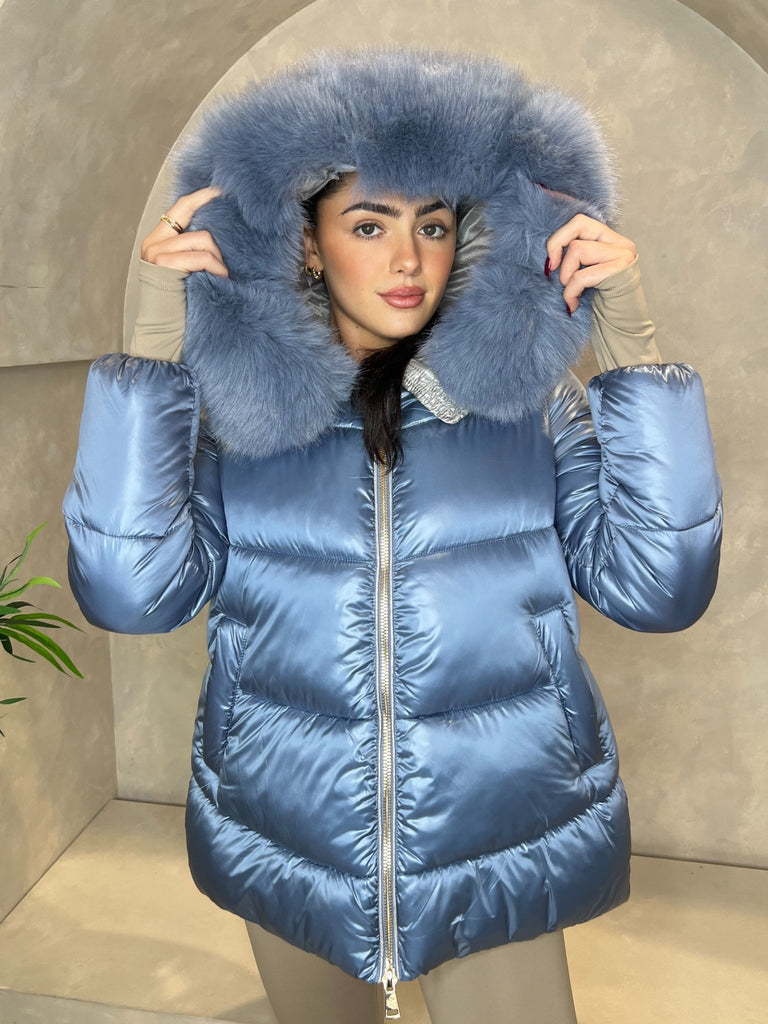 Powder Blue Faux Fur Hood Puffer Jacket - H&L