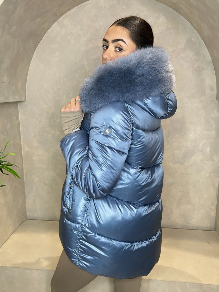 Powder Blue Faux Fur Hood Puffer Jacket - H&L