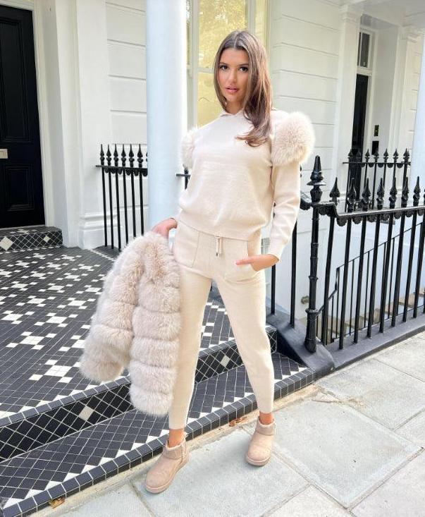 Premium Light Beige Faux Fur Hooded Tracksuit - H&L