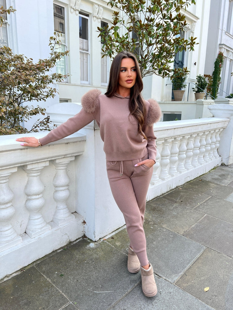 Premium Taupe Faux Fur Hooded Loungewear Set - H&L