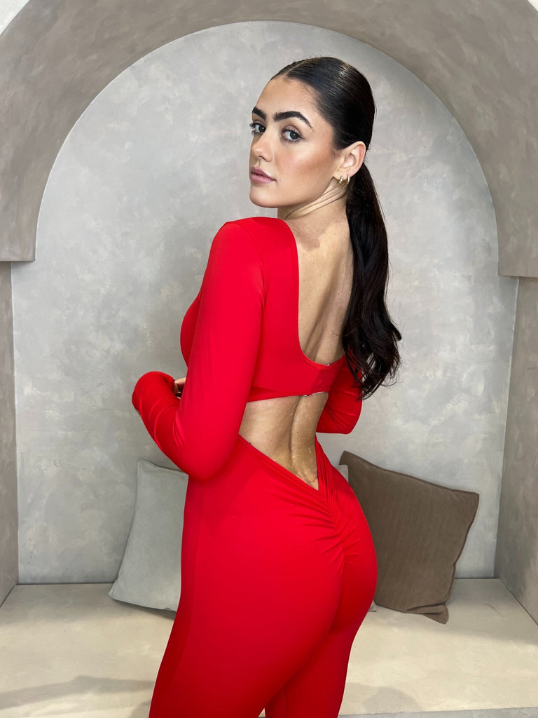 Red Cut Out Back Unitard - H&L