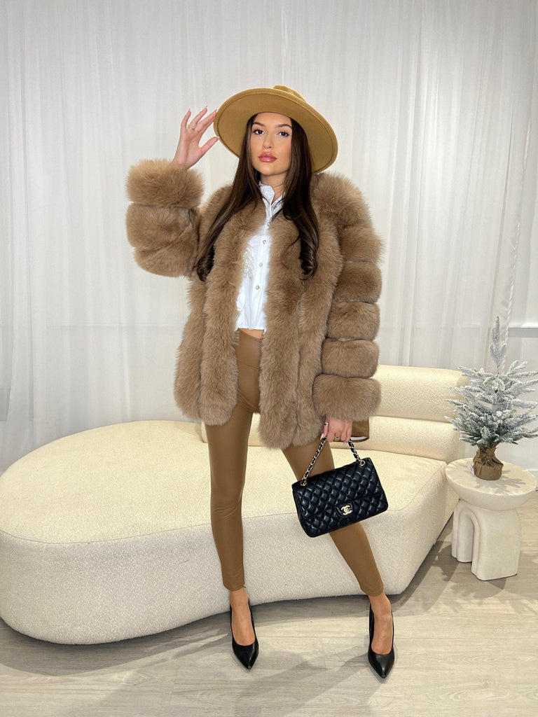 Tan Luxury Fur Mid Length Coat - H&L