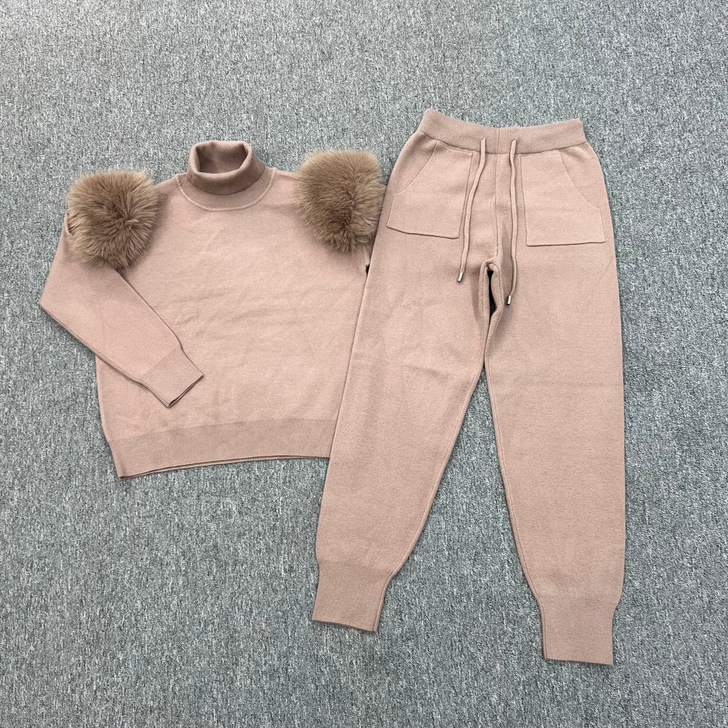 Taupe Faux Fur Shoulder Roll Neck Jogger Tracksuit - H&L