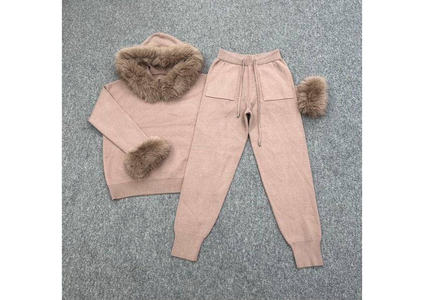 Taupe Faux Fur Trim Hood & Cuff Tracksuit - H&L