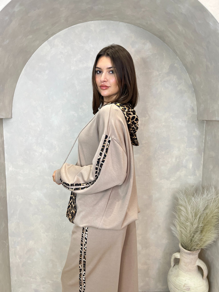 Taupe Leopard Print Long Hoodie - H&L