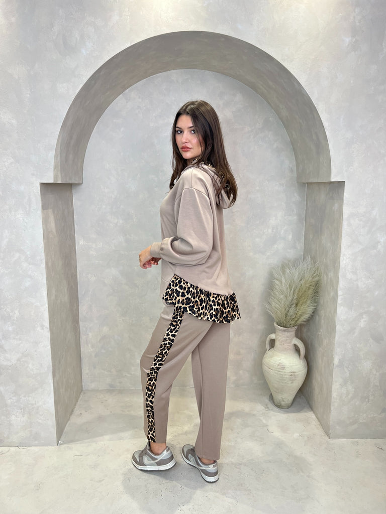 Taupe Leopard Print Trim Straight Leg Jogging Bottoms - H&L