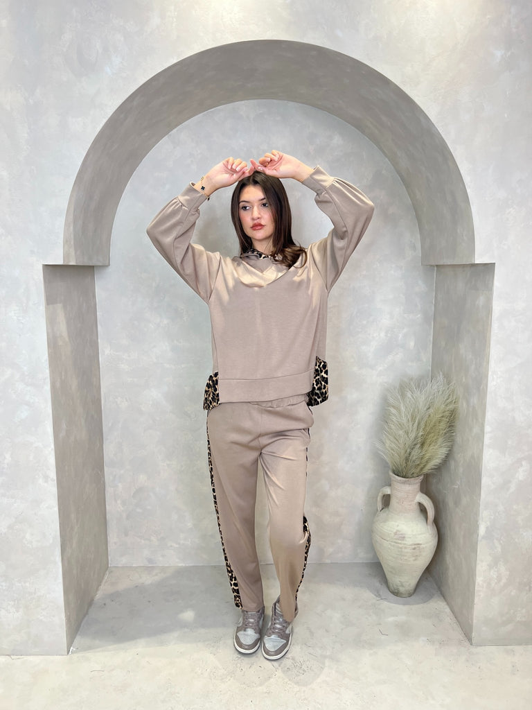 Taupe Leopard Print Trim Straight Leg Jogging Bottoms - H&L