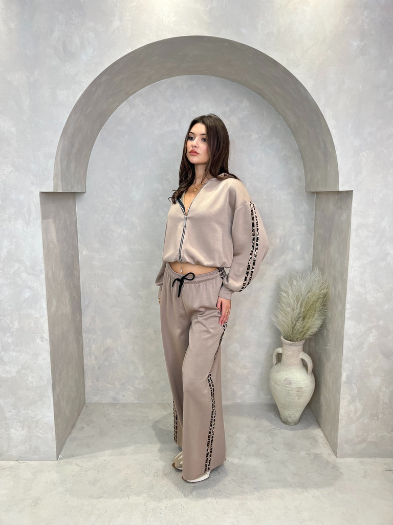 Taupe Leopard Print Trim Wide Leg Jogging Bottoms - H&L