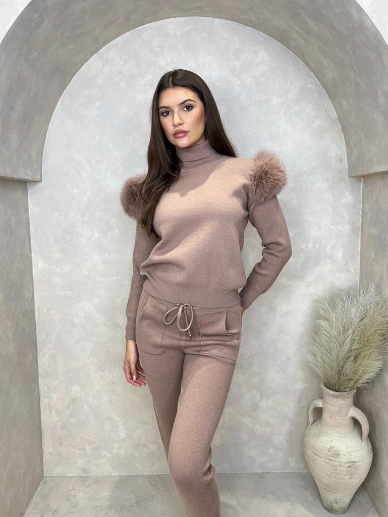 Taupe Luxury Fur Roll Neck Jogger Tracksuit - H&L