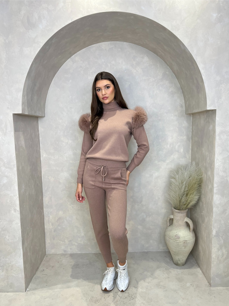 Taupe Luxury Fur Roll Neck Jogger Tracksuit - H&L