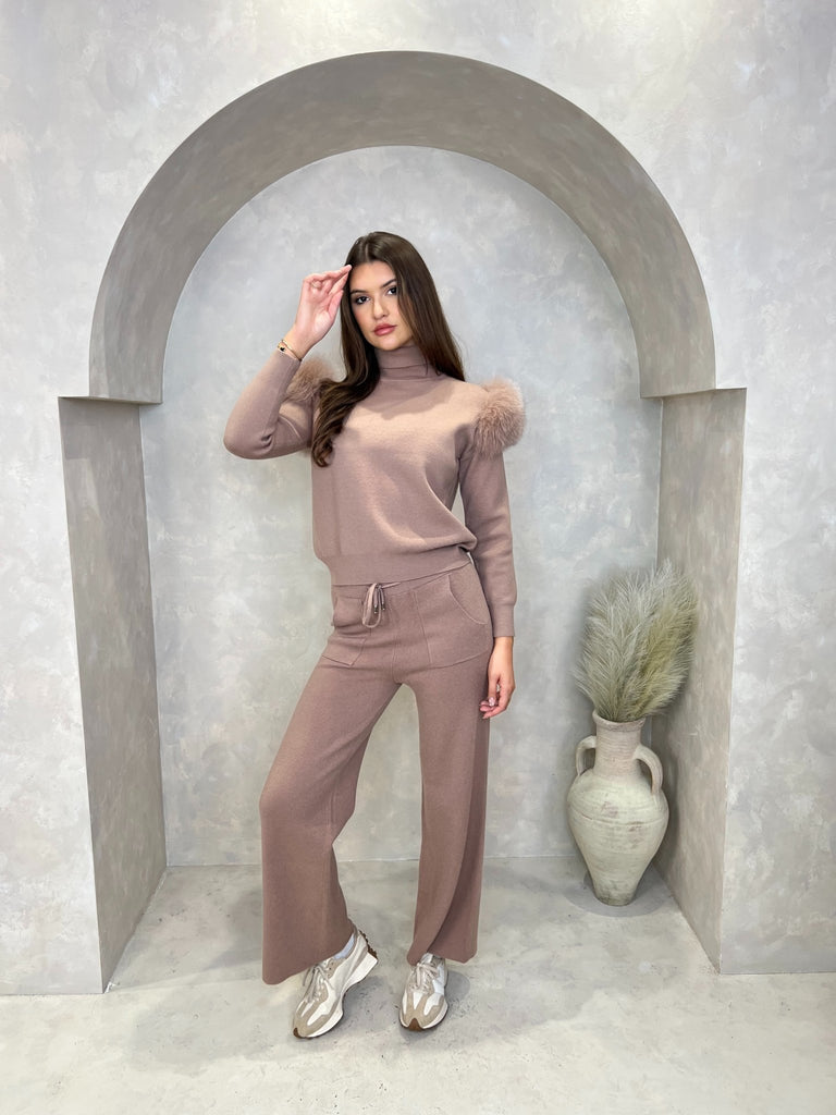 Taupe Luxury Fur Roll Neck Wide Leg Tracksuit - H&L