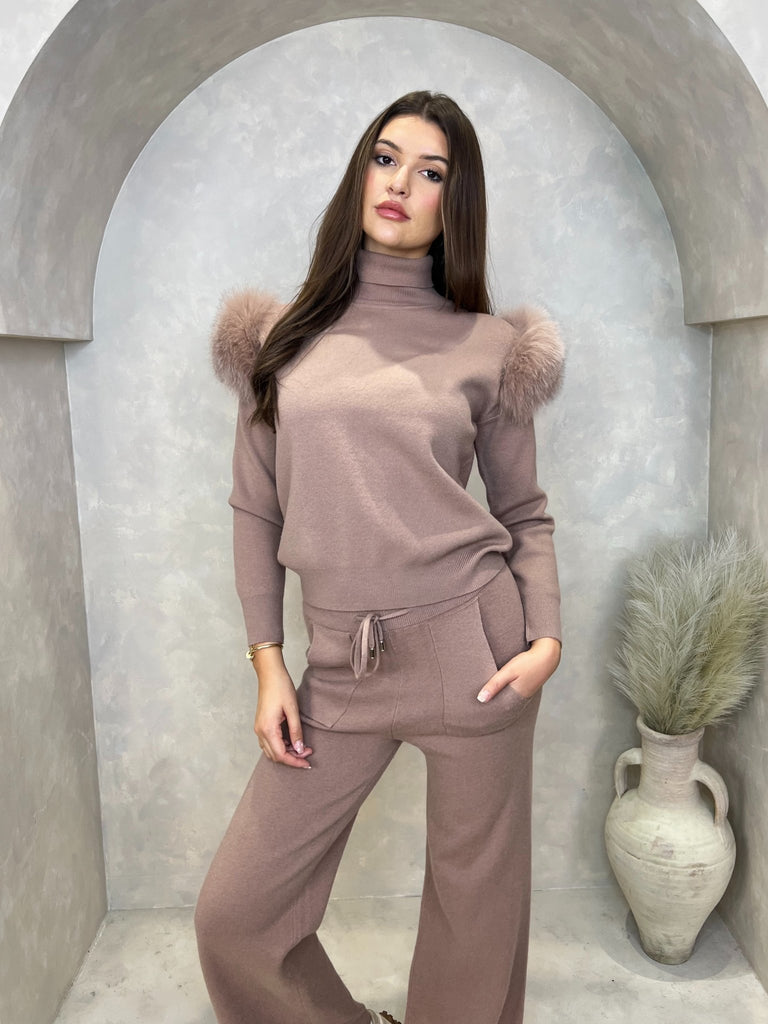 Taupe Luxury Fur Roll Neck Wide Leg Tracksuit - H&L