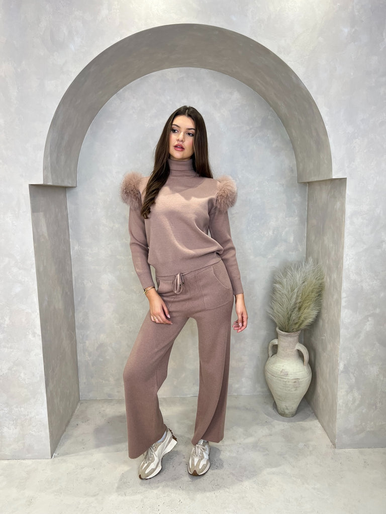 Taupe Luxury Fur Roll Neck Wide Leg Tracksuit - H&L