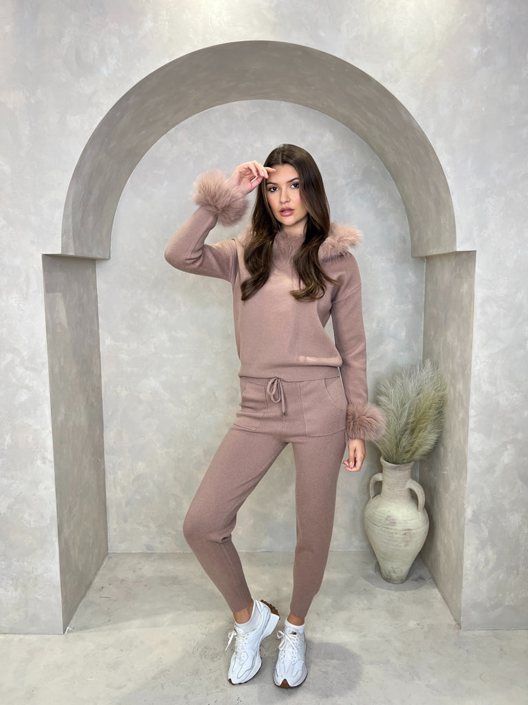 Taupe Luxury Fur Trim Hood & Cuff Jogger Tracksuit - H&L