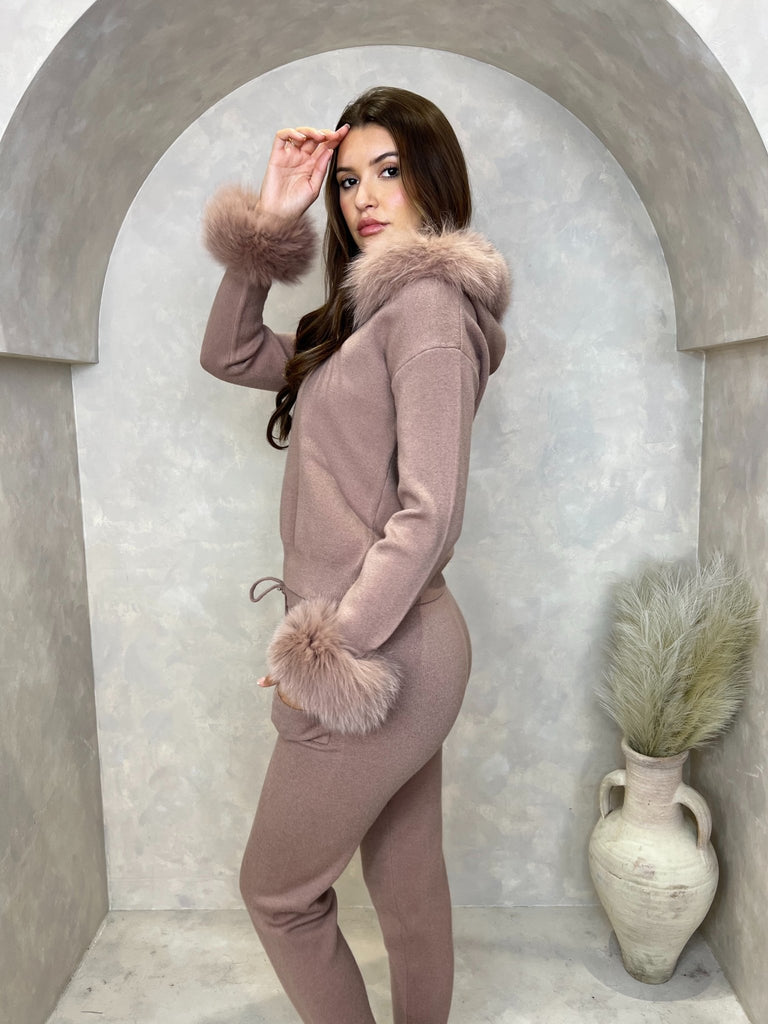 Taupe Luxury Fur Trim Hood & Cuff Jogger Tracksuit - H&L