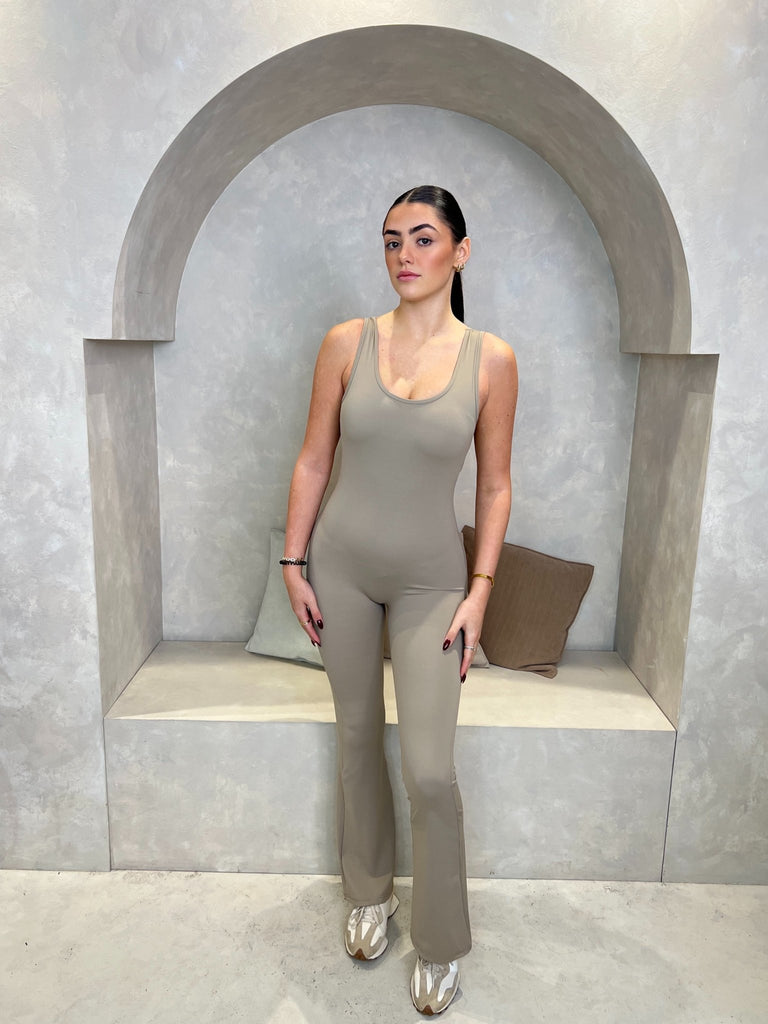 Taupe Sleeveless Cut Out Back Unitard - H&L